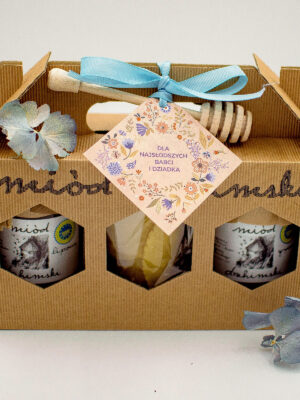 Zestaw miodów 2x 350g + świeczka z pałeczką Dzień Babci i Dziadka