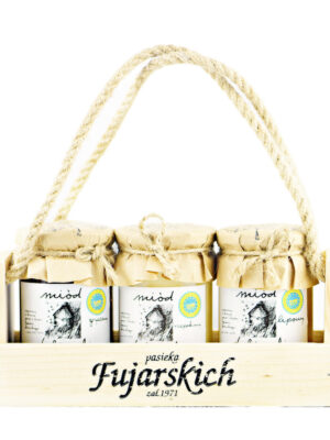 Zestaw miodów 3x 350g w drewnianej skrzyneczce